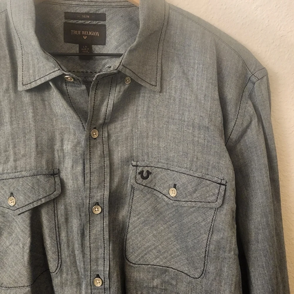 True Religion Slim Herringbone Button Down Long Sleeve Shirt Mens Large